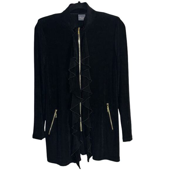 Travelers by Chico’s Long Length Ruffled Full Zip Black Jacket | XS - Picture 1 of 8